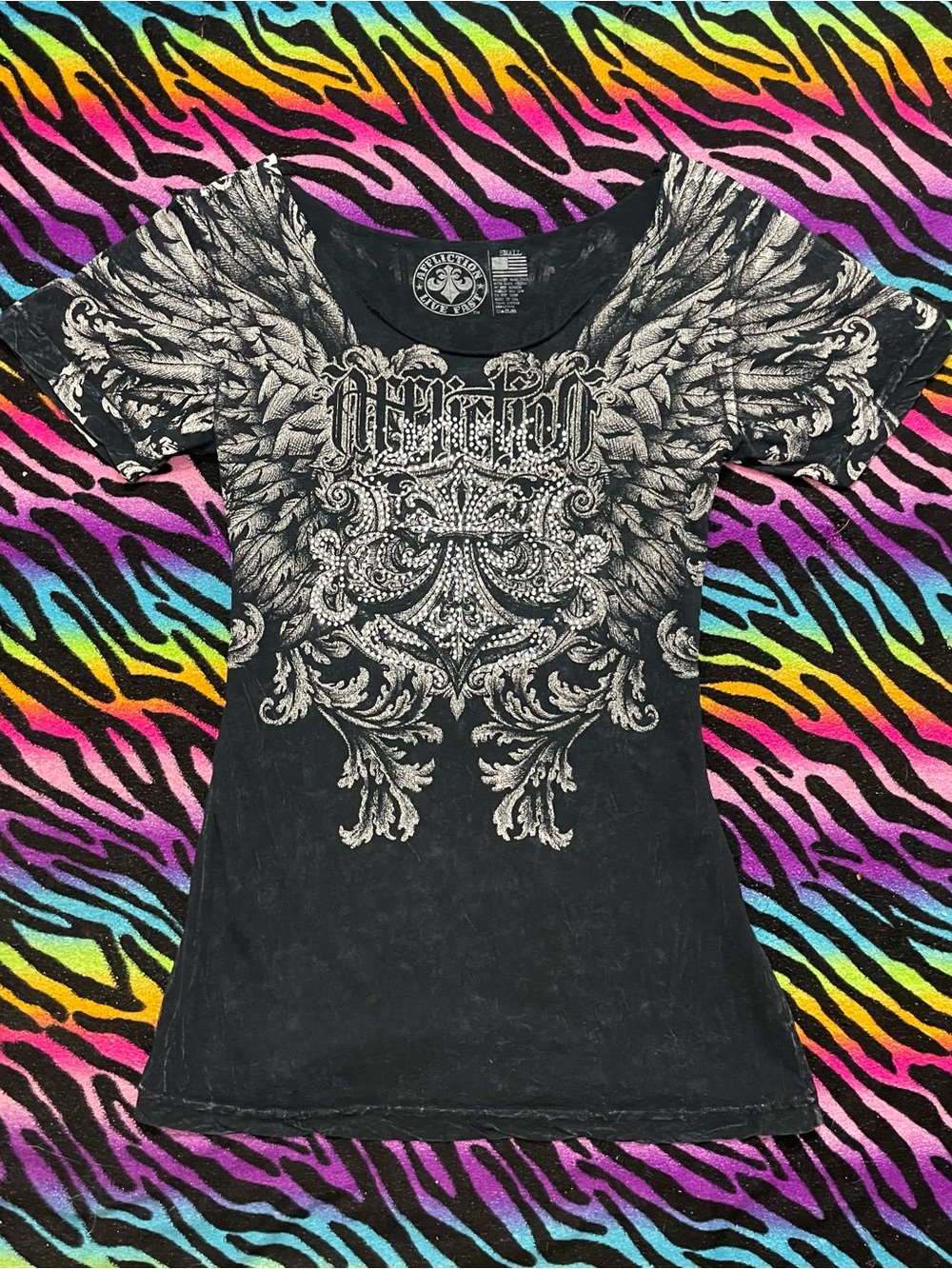 Y2K Vintage rare Affliction grey rhinestone wings graphic shirt